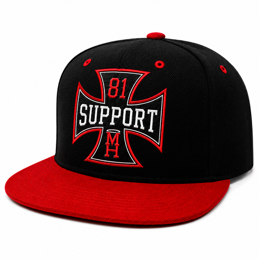 ..Black and Red Snap Back Iron Cross Hat